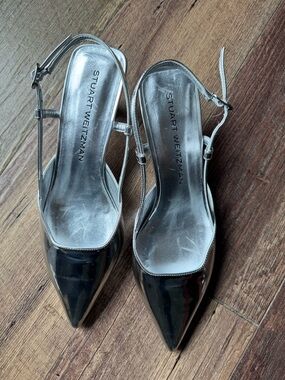 Stuart Weitzman Metallic Silver Pointed-Toe Slingbacks
